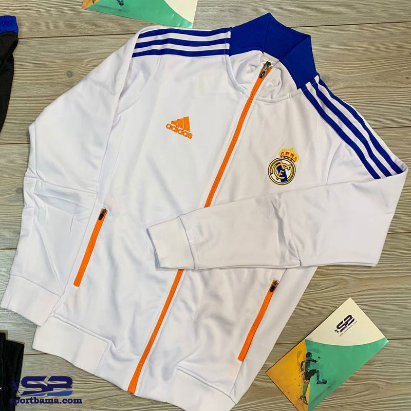  خرید  ست ورزشی تمام زیپ رئال مادرید 2022 رنگ سفید مشکی زیپ نارنجی
